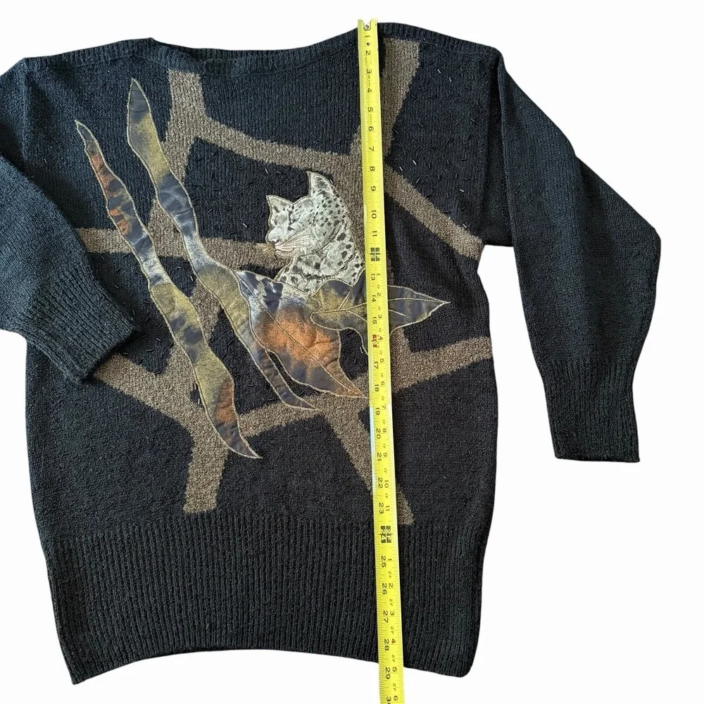 Vintage 80s Mariea Kim Sweater Womens M Black Gold Leopard Applique Embroidered